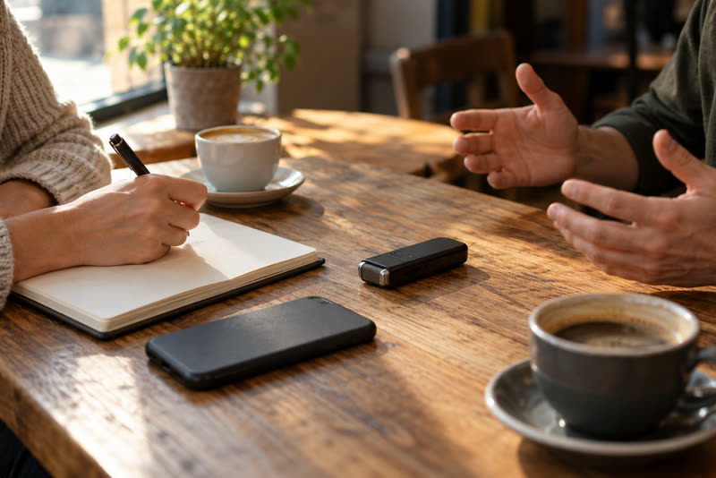 Una gravadora de veu i un telèfon sobre la taula d'una cafeteria entre dues tasses de cafè durant una entrevista