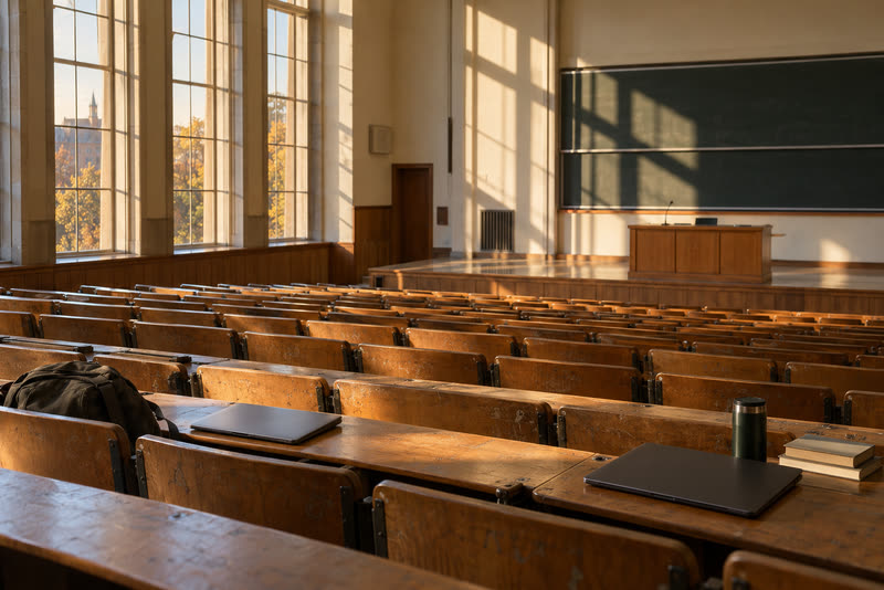 Una sala de conferències buida amb la llum càlida de la tarda, vista des de les últimes files